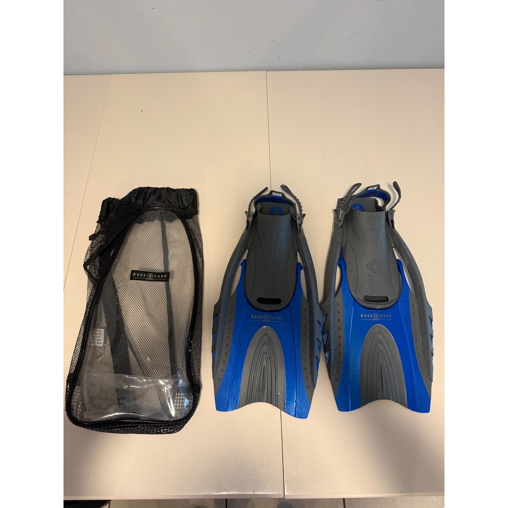 Aqua Lung Sport Snorkel Fins Blue Grey Adjustable Open Heel L/XL with Mesh Bag